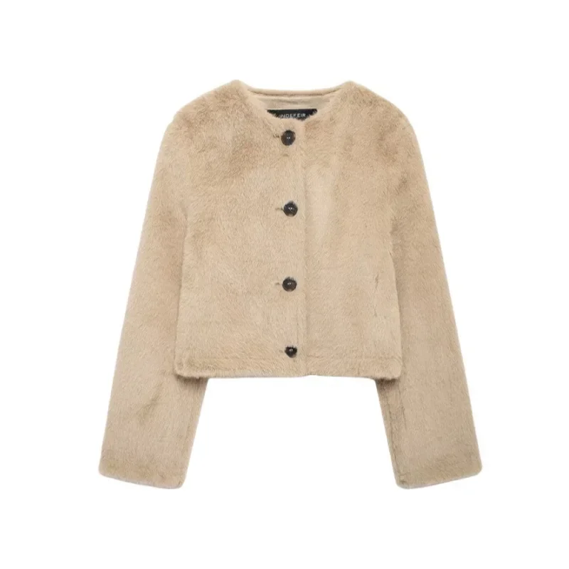 

Women's Top Fluffy Short Coat Casual Style Female Outerwear Loose Fit Short Artificial Fur Jacket round Neck Single Button