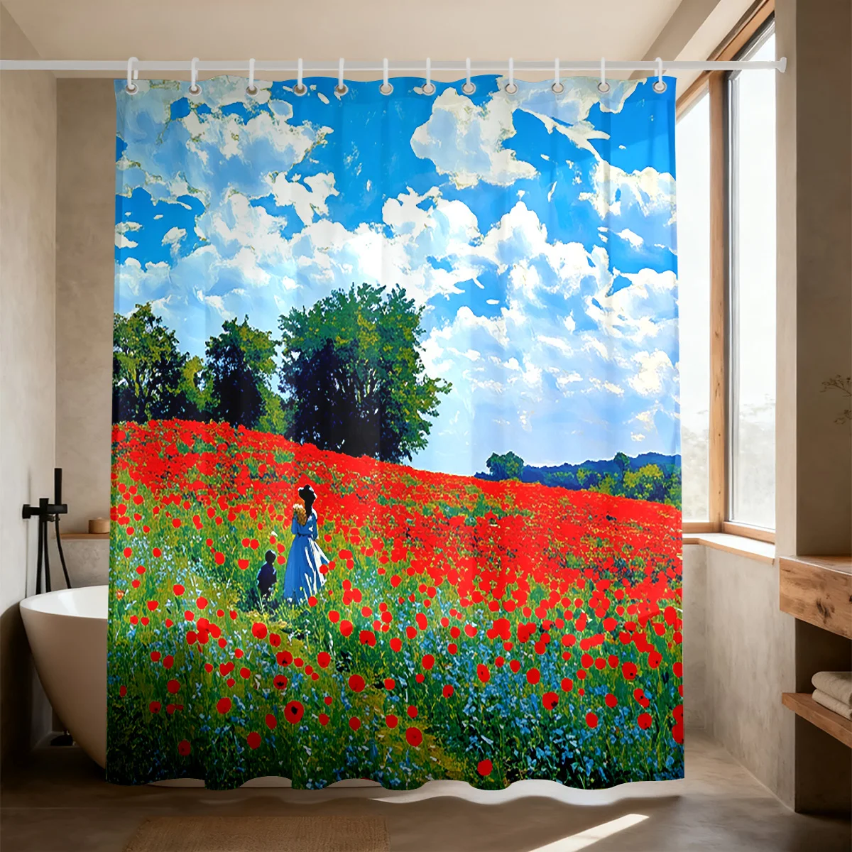 Vibrant Poppies Field Shower Curtain Waterproof Bathroom Decoration Floral Spring Nature Theme 180x180cm Tropical Art Curtain