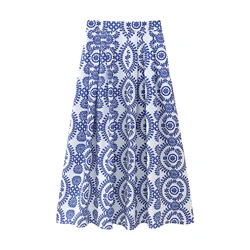 Long Prints Skirt Pleated Back Zipper Ankle Length Casual Bottom Wear Women's Clothing For Spring Summer