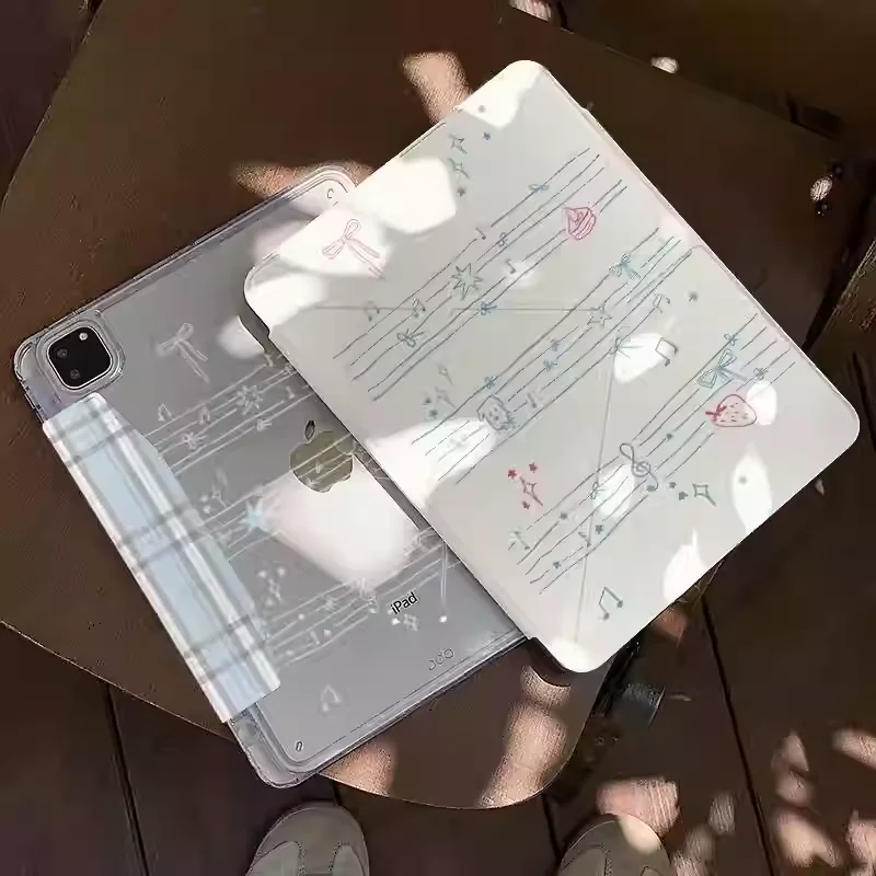 Kawaii Music Note Strawberry Table Case For iPad Pro 11 12.9 13 M2 M3 M4 M5 Shell 8.3 9.7 10.2 5/6/7/8/9/10/11th Air 4 5 6 Cover