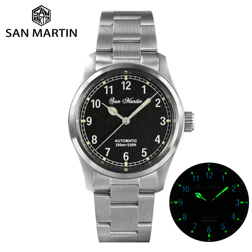 San Martin Pilot Watch 37mm Simple Military Style 8215 Automatic Mechanical Wristwatch Mens Watches 10 Bar Sapphire Luminous