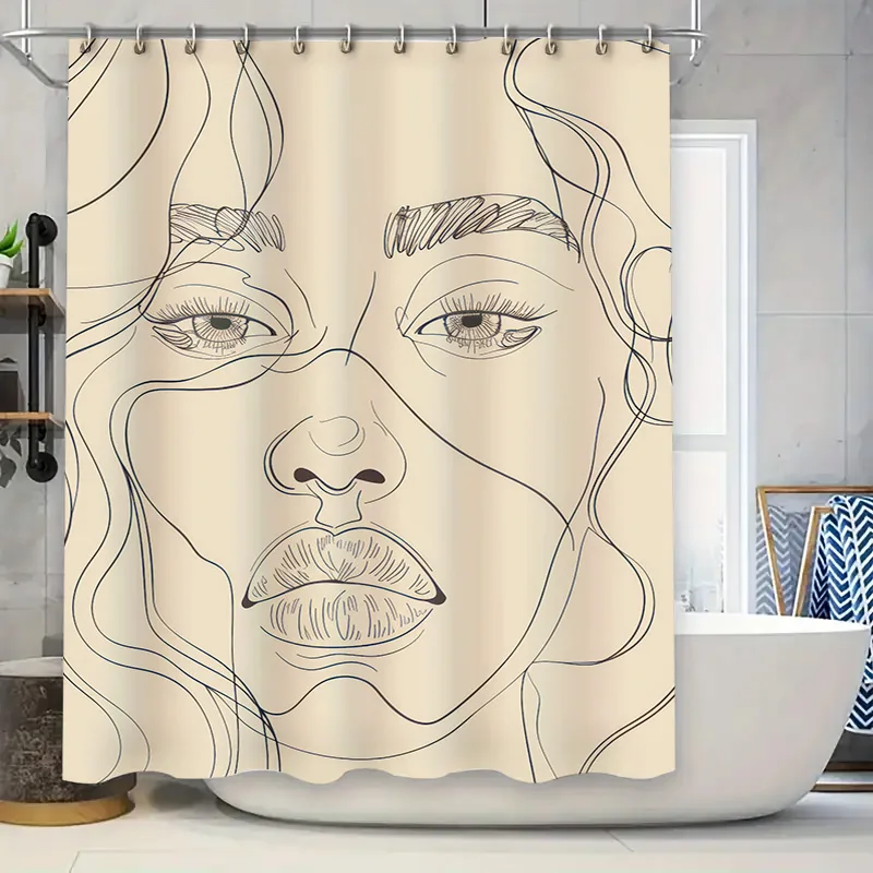

Modern Bathroom Decor: Beautiful Black Line Art Shower Curtain with Abstract Woman Portrait Perfect for Spa-like Bathrooms