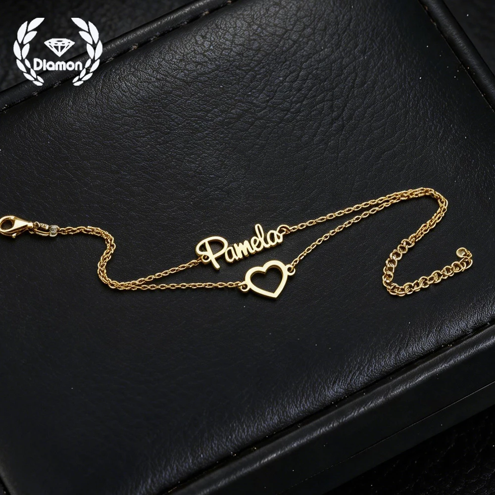 Diamon Personalized Custom Name Bracelet  Double Layer Hollow Heart for Women Stainless Steel Jewelry Chain Birthday Gift