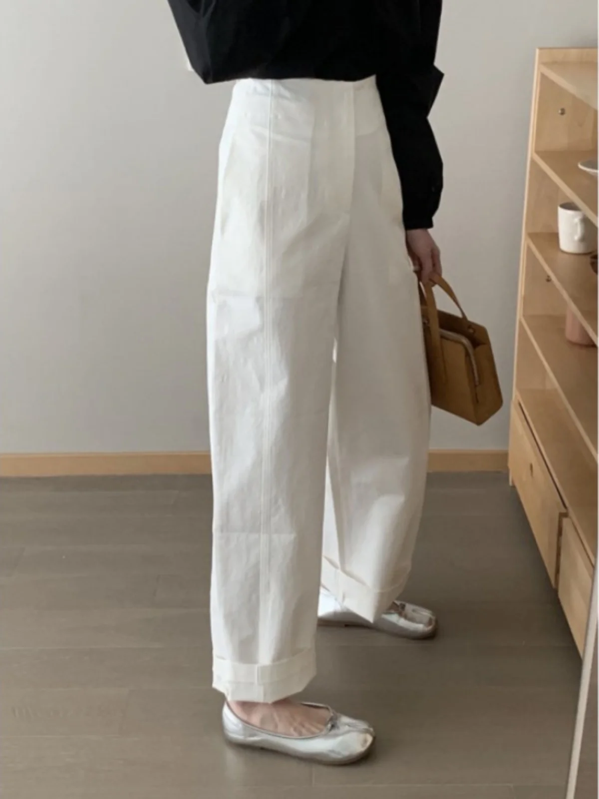 Calças brancas de perna reta larga fena primavera verão casual solto ajuste nove pontos calças de terno cintura alta esti...