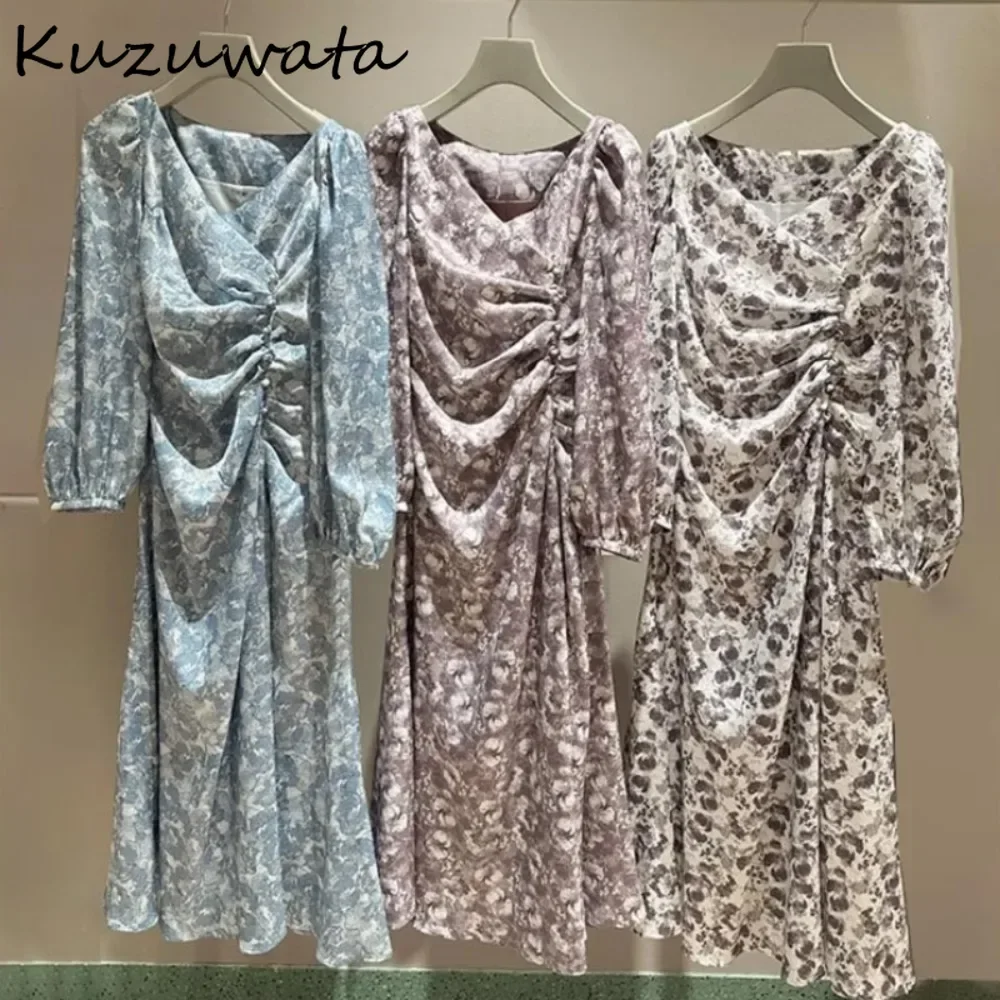 Kuzuwata New V Neck Ruched Elegant Vestidos Print Puff Sleeve Fresh Pullover Robe Japan Slim Literary Sheath Office Lady Dress