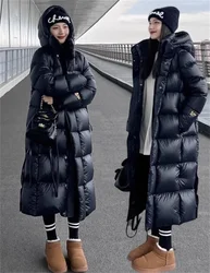 Women's Winter Puffer Jacket The Sleek New Long Style Is Thickened Black Gold Black Glossy Finish Wash-Free Winter Coat