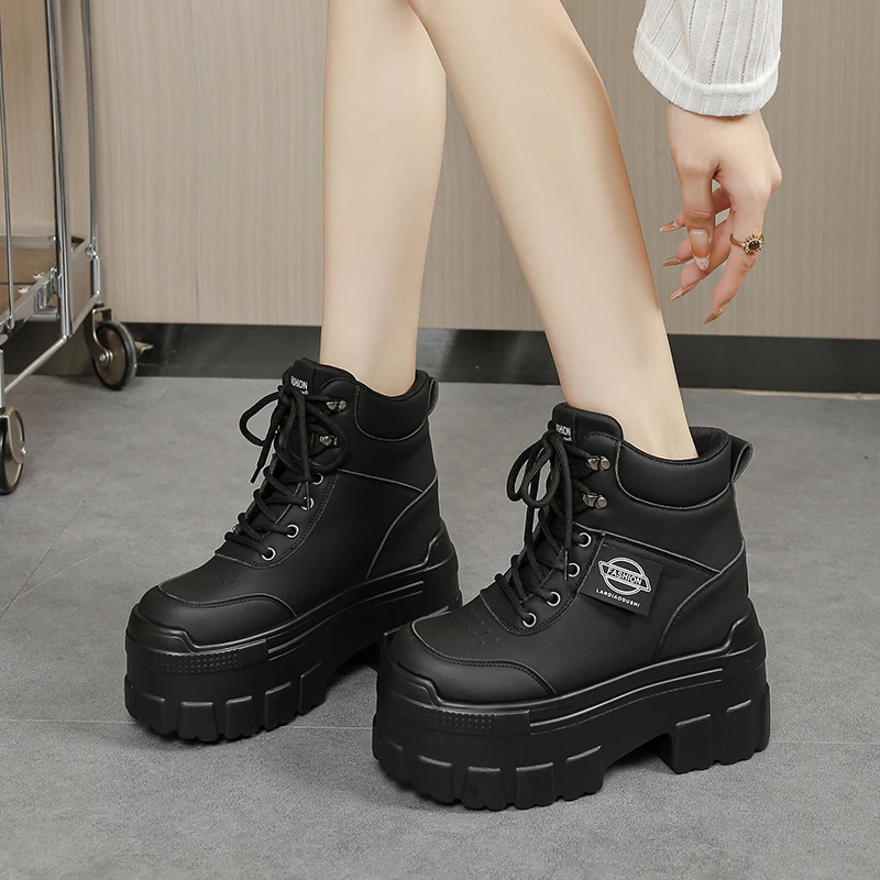 Botines de mujer para otoño, zapatos de cuero con suela gruesa, zapatillas deportivas transpirables con plataforma alta, suela gruesa de 10 cm, botas de cuña, botas para motociclistas.