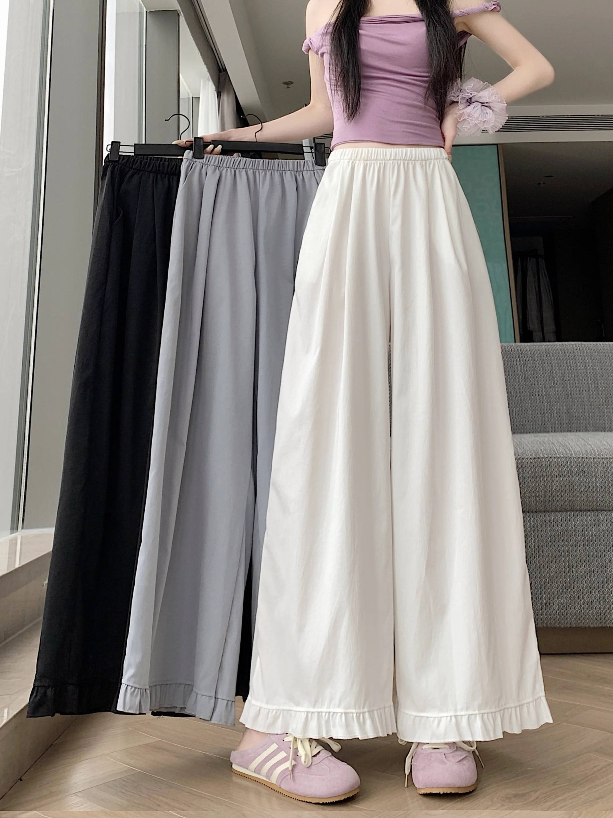 

plus Size Casual High Waist Wide Leg Pants Skirt Pure Color Wooden Summer Fashion Women's Clothing Draping Long Style