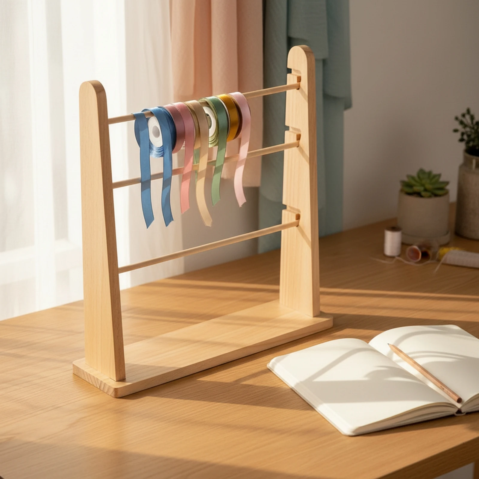 Wooden Ribbon Organizer Rack Compact Spool Holder for Crafters, Craft Room, Countertop