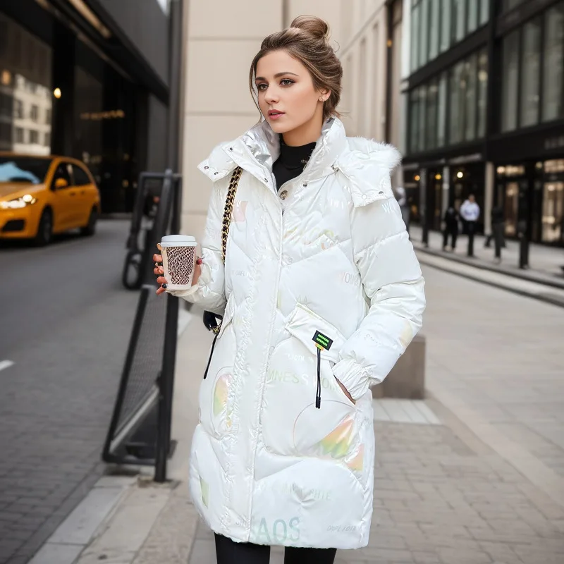 Jaqueta de algodão de comprimento médio feminina, tops de parka na moda coreana, com capuz preto quente, jaquetas soltas casuais, novo, 2024