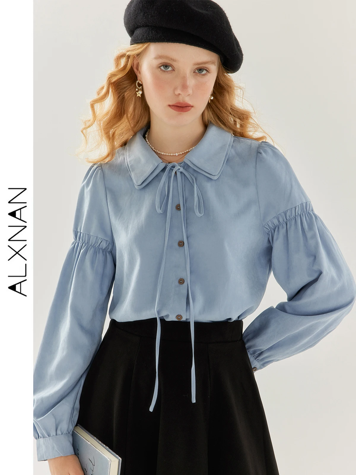 

ALXNAN French Single-breasted Shirt For Women 2024 Spring Design Double-layer Collar Bow Tie Long Sleeve Top Office Lady TM00618