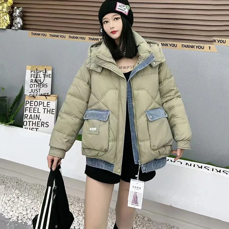 New Women\'s Denim Splicing Down Jacket Autumn Winter Warm Jackets 90% White Duck Down Coat Female Cold Hooded Parker Outerwear