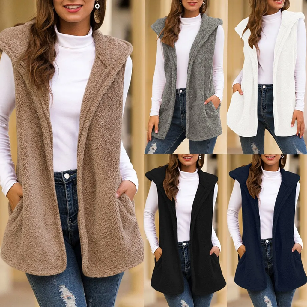 Fluffly Vintage peluche con cappuccio Wastcoat gilet cappotti senza maniche Cardigan caldo Outwear Teddy giacca accogliente moda donna autunno inverno