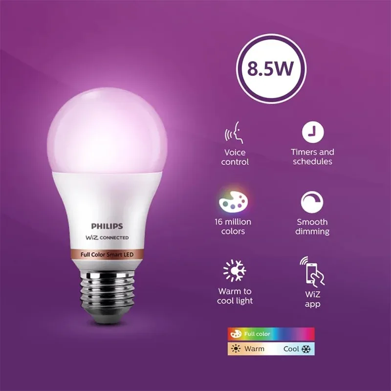 Philips 8.5W Wi-Fi & Bluetooth E27 WiZ LED Smart Bulb 16 Million Full Color EyeComfort Light Frosted Dimmable Lamp 220-240V