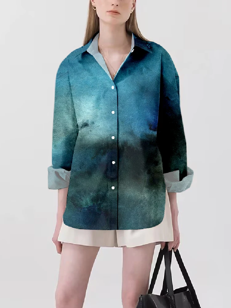 Outdoor Casual Women's Shirt Jacket Simple Tie-Dye Style Lapel Long Sleeve Shirt Casual Fashion Shirt Suitable For All Occasions