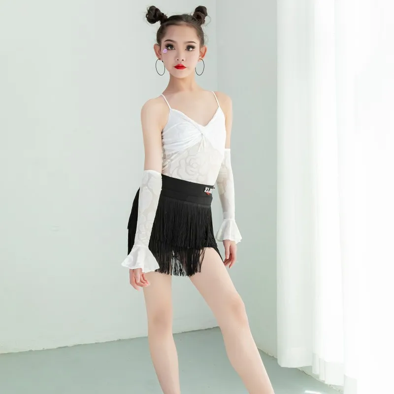 

Children's Latin dance practice costume Girl practice performance costume performance costume Suspender top fringe dance skirt