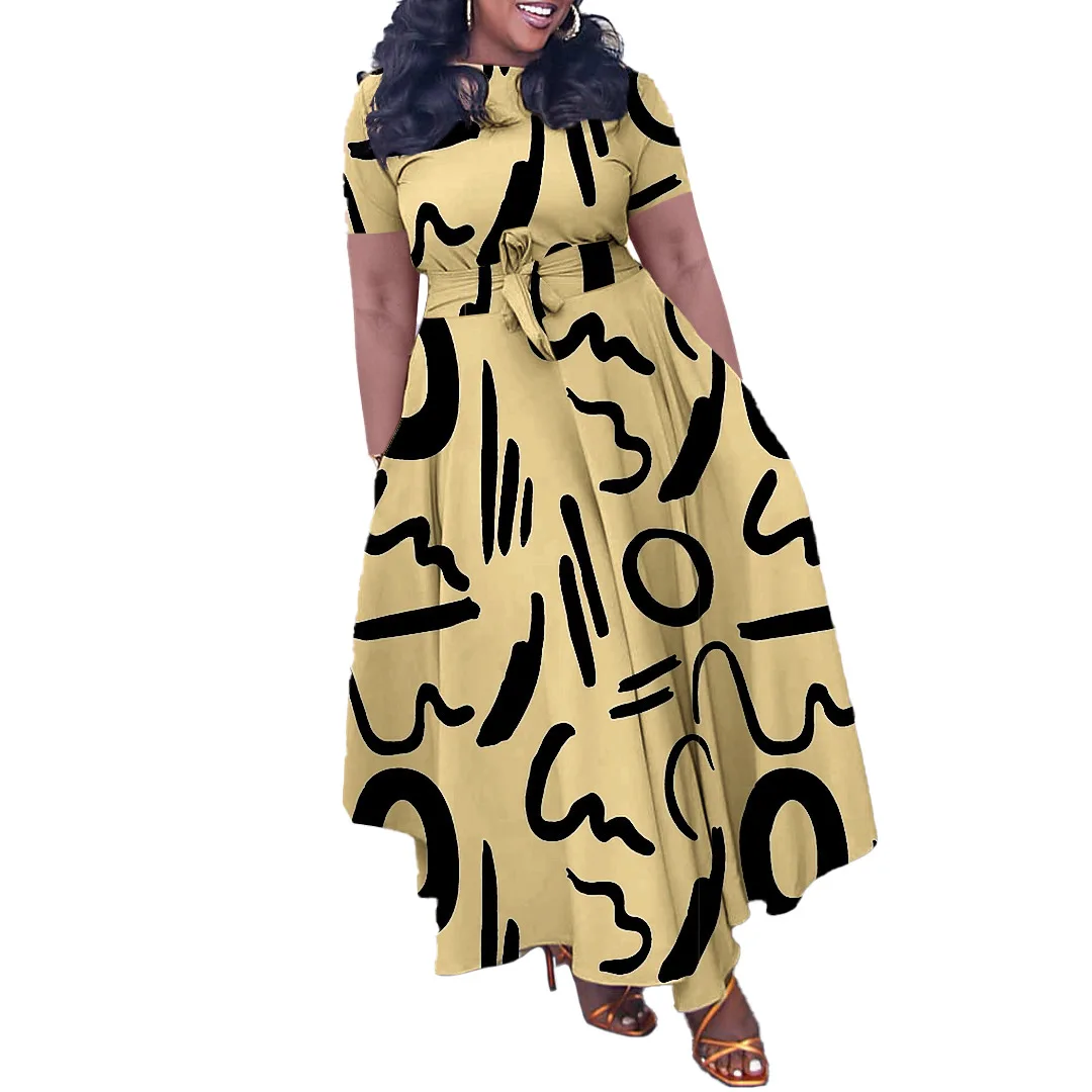 Robe Africaine Imprimée à Manches Courtes pour Femme, Vêtement Décontracté, Ligne A, Mode Africaine, Bazin Johanna