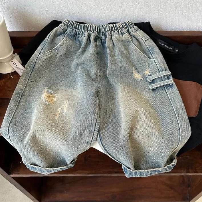 Boys Pants 2026 Spring and Summer New Childrens Clothing Korean Style Baby Boy Personality Foreign Style Do Old Ripped Jeans