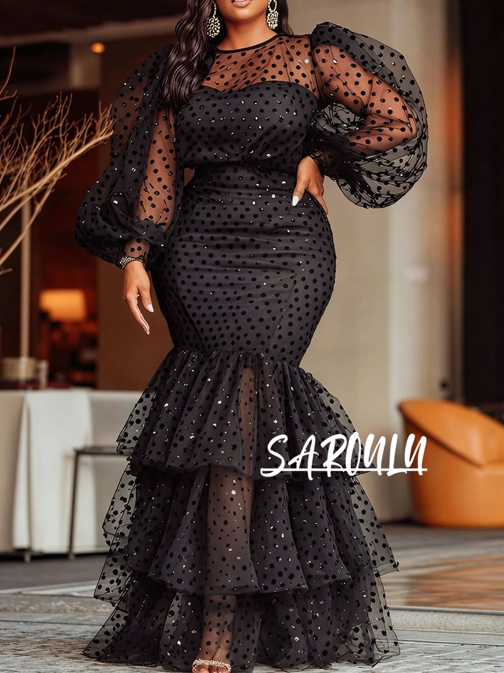 Sexy Slim Fit Black Polka Dot Plus Size Evening Gown Sheer Puff Sleeves Sequins Tiered Mermaid Prom Cocktail Party Dress