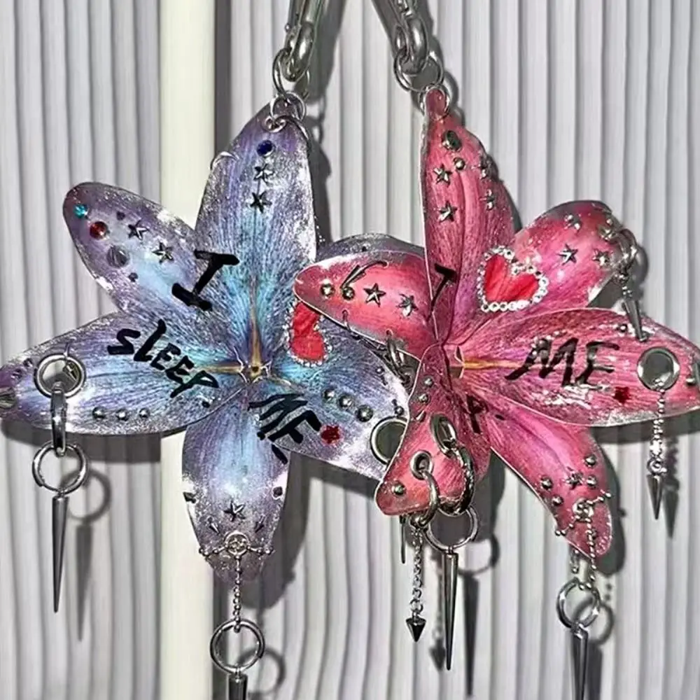 Phalaenopsis Orchid Lilium Brownii Flower Pendant Rivet Punk Colorful Rhinestone Keychain Creative Tassel Bag Charm Bag Ornament