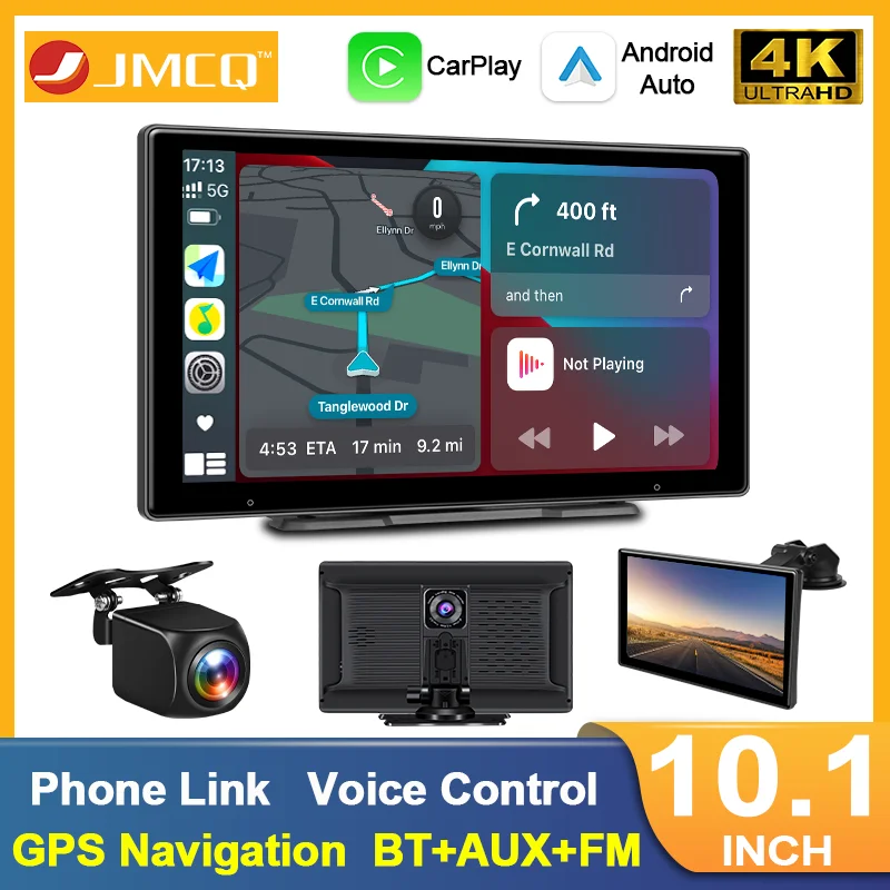 

JMCQ 10,1-дюймовый видеорегистратор 4K Wireless CarPlay Android Auto Автомобильный видеорегистратор WiFi BT AUX GPS-навигация FM-видеорегистратор Камера Phone Link