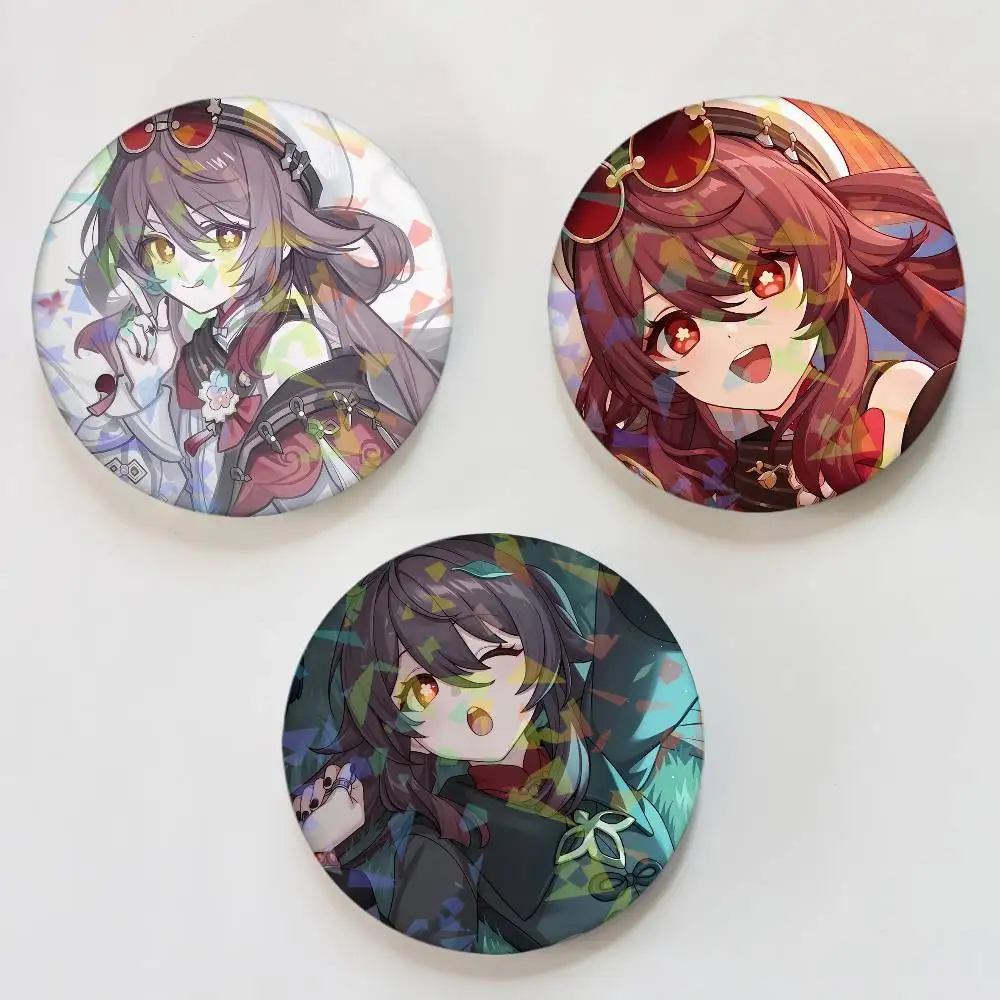 Hu Tao Game Genshin Impact Round Badge for Backpack Accessories Laser Lapel Pins Jewelry Gifts