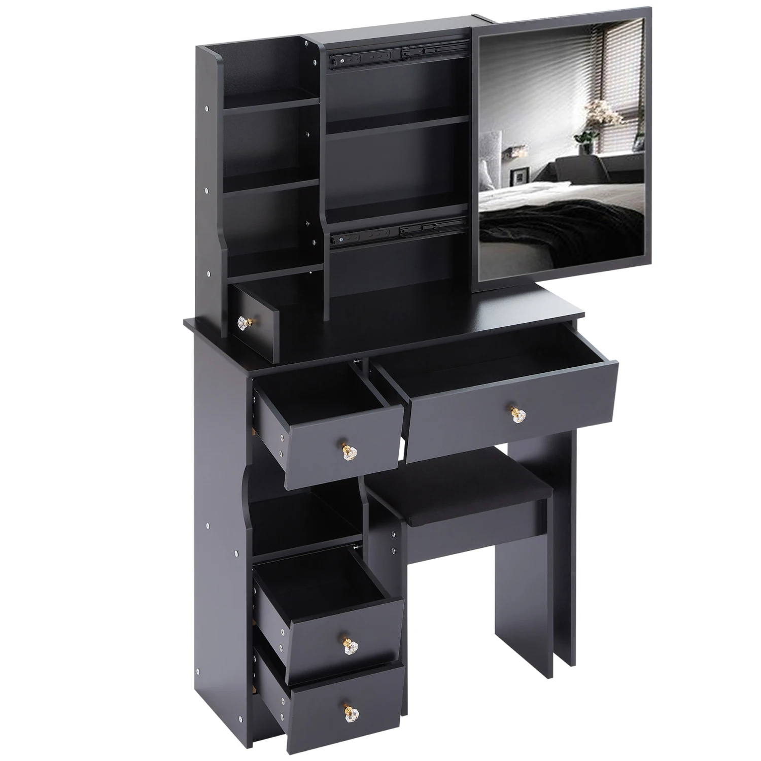 Small Size Left Drawer Desktop Vanity Table + Cushioned Stool, Extra Large Sliding Mirror, Multi Layer, High Capacity Storage Fa