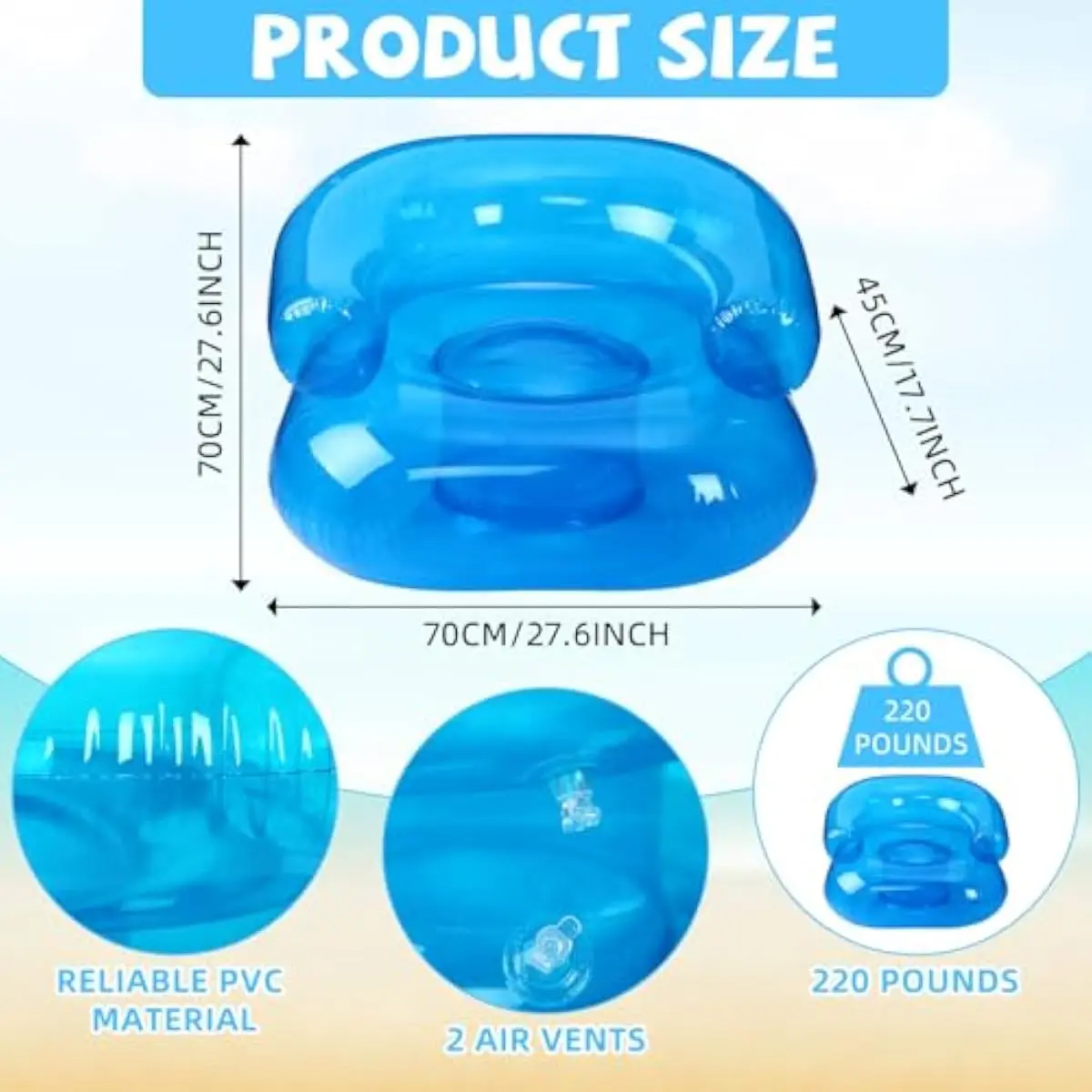 4 Pack Portable 28 Inch Blue Inflatable Kids Chairs for Indoor Outdoor Use – Waterproof PVC Air Seating with Ergonomic Support I