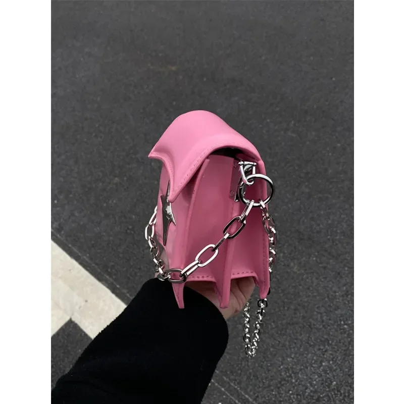 Y2K Vintage Korean Small Chain Shoulder Bag Flap Clutch Purse Handbags Pink PU Leather Gothic Cross Girls Crossbody Ladies Bags