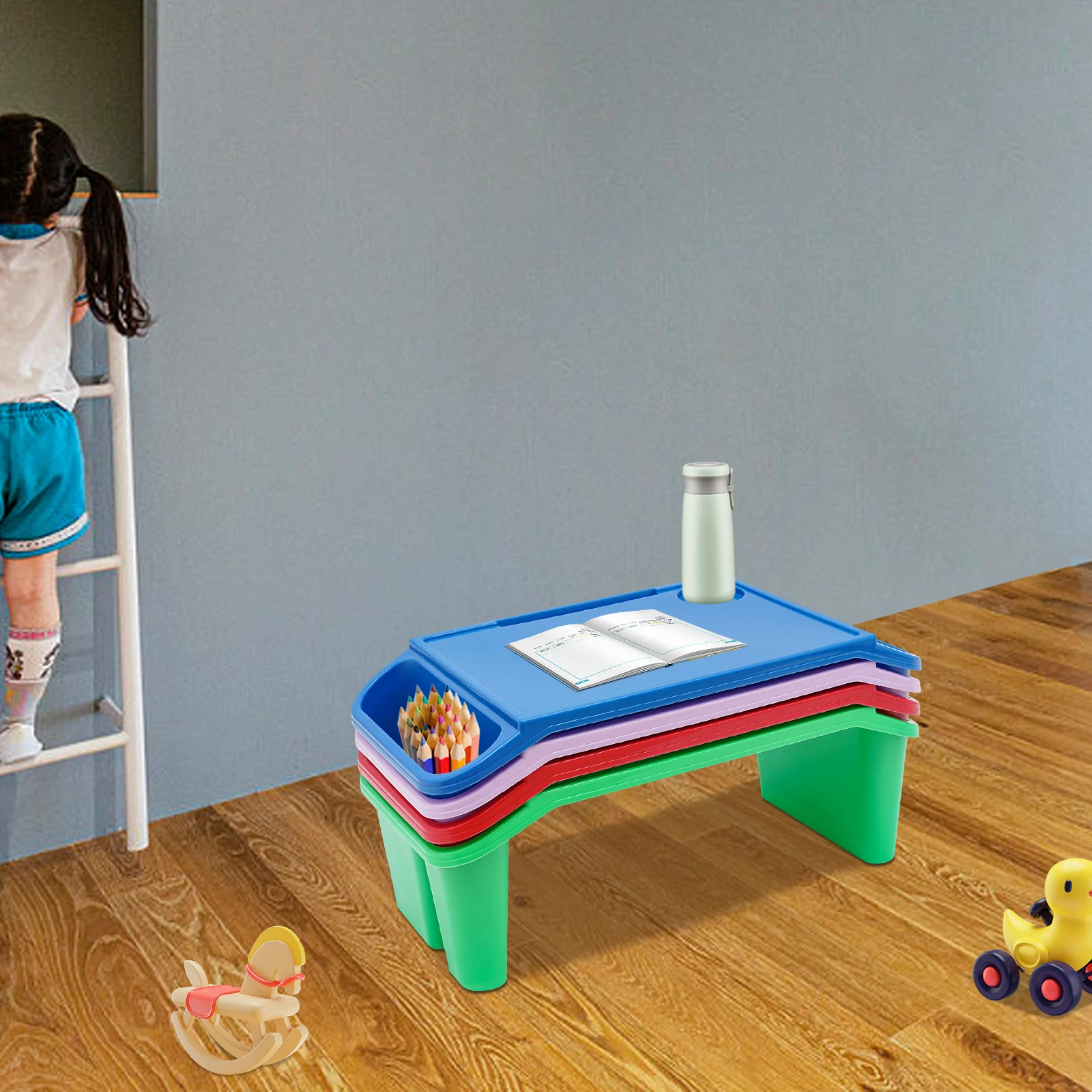 Children Lap Trays, 4-Piece, 11Lbs Load, Comfort Design, For Bedroom, School, Play, Homework, Portable, Stackable, With Storage