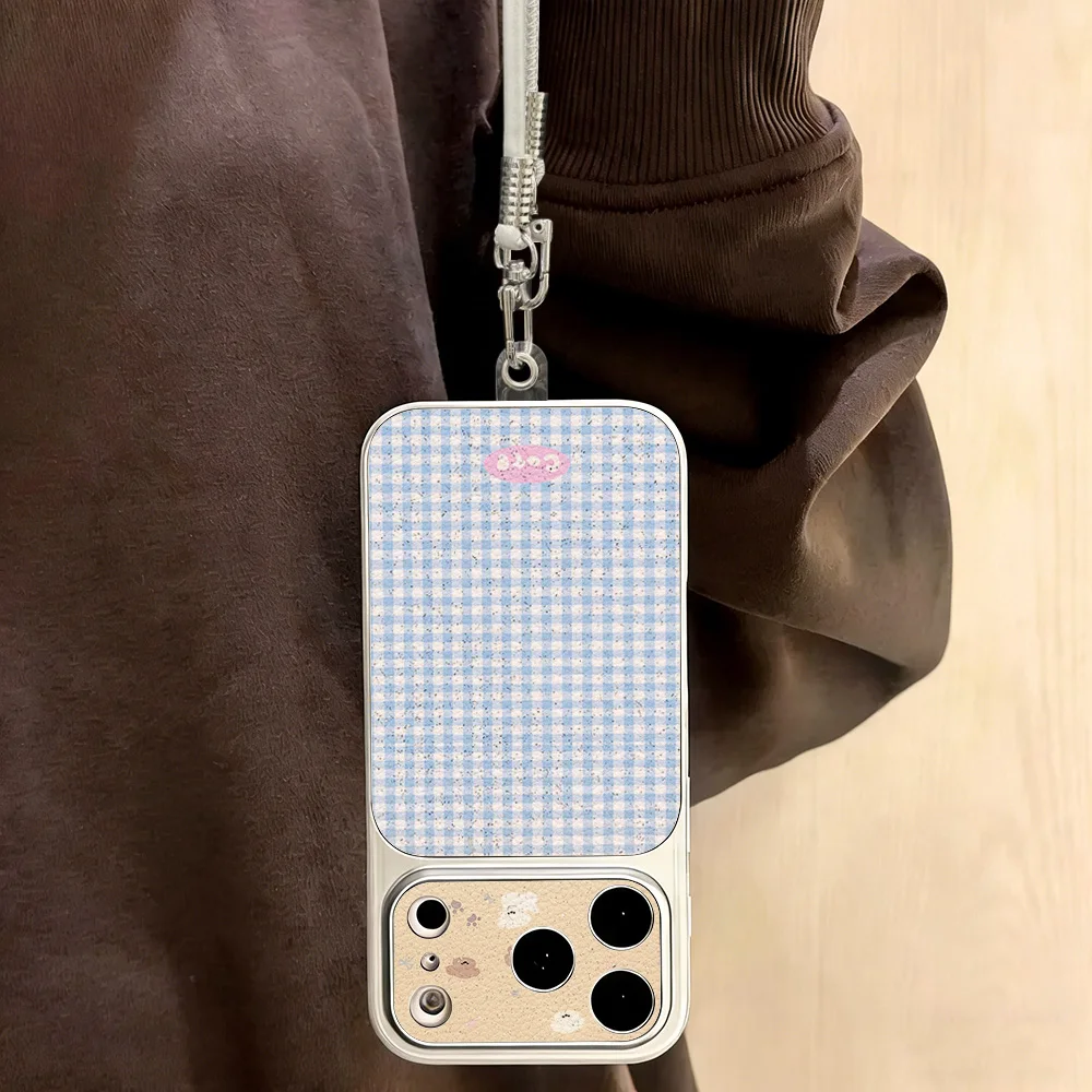 Blue And White Chequered Puppy Faux Lychee‑leather Case For iPhone 18 Pro 17 Pro Max 16 15 Pro 14 13 12 11 Cover With Lanyard view 6