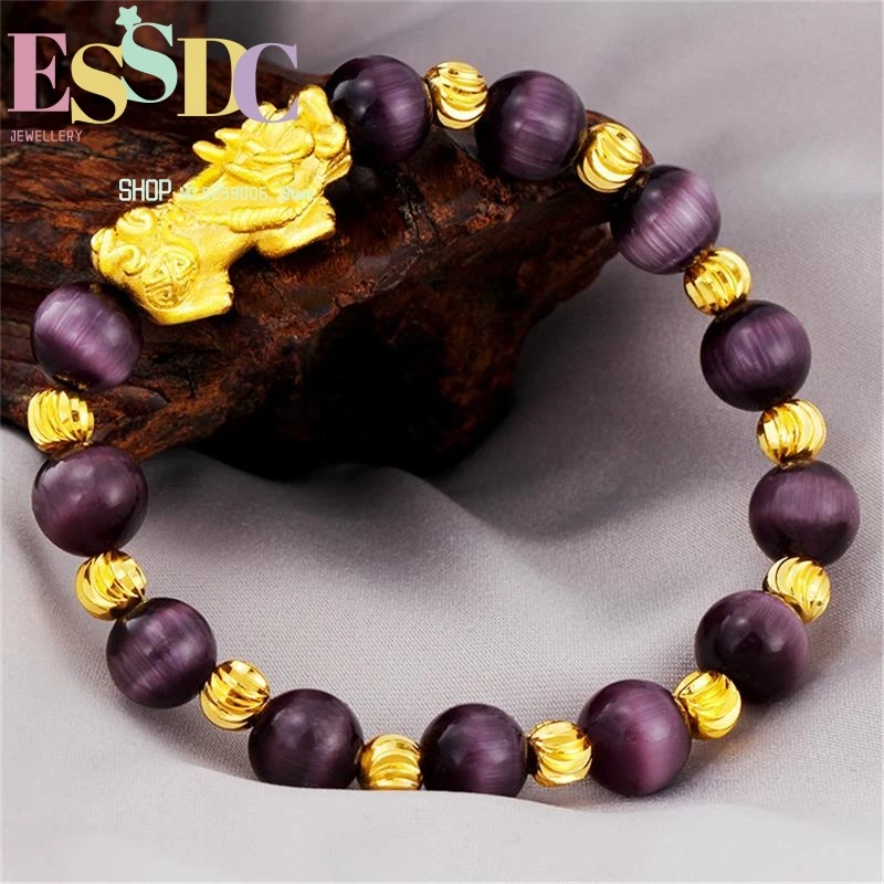 Wholesale Natural Cat's Eye Stone Pixiu Charm  Fashion Women's Sand Gold  Bracelet 7 Colors Onyx Beads Jewelry