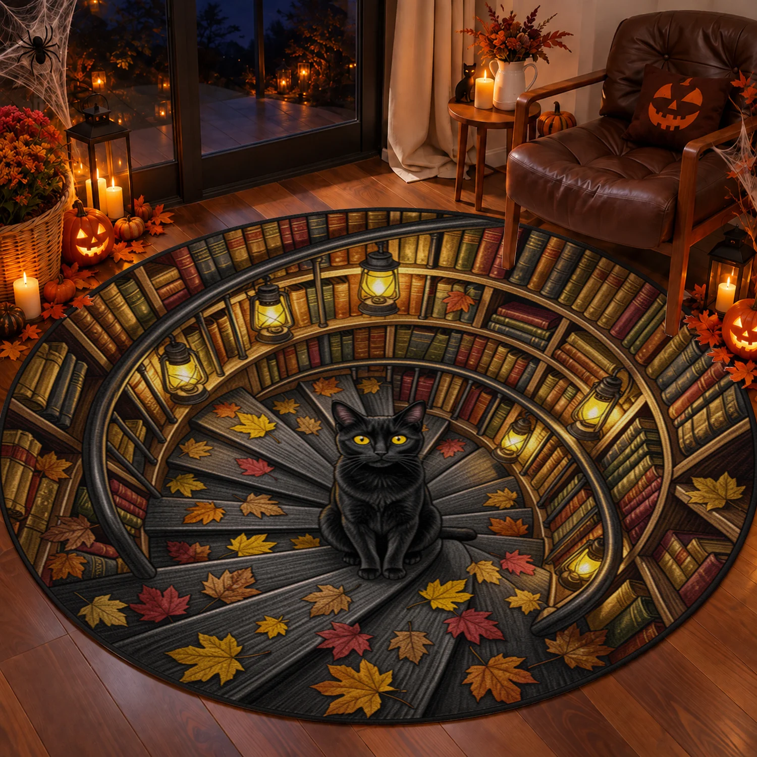 Black Cat Spiral Stairs Autumn Leaves Books Pattern Round Velvet Area Rug Machine Washable for Living Room Bedroom Entryway Home Office, Ideal for Halloween Thanksgiving Black Friday Christmas New Year Home Decor