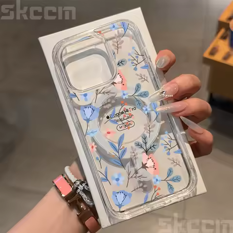 Transparent Flower Phone Case For Samsung S25 S24 S23 S22 S21 S20 Ultra Plus FE A56 A55 Magsafe Magnetic Wireless Charge Cover