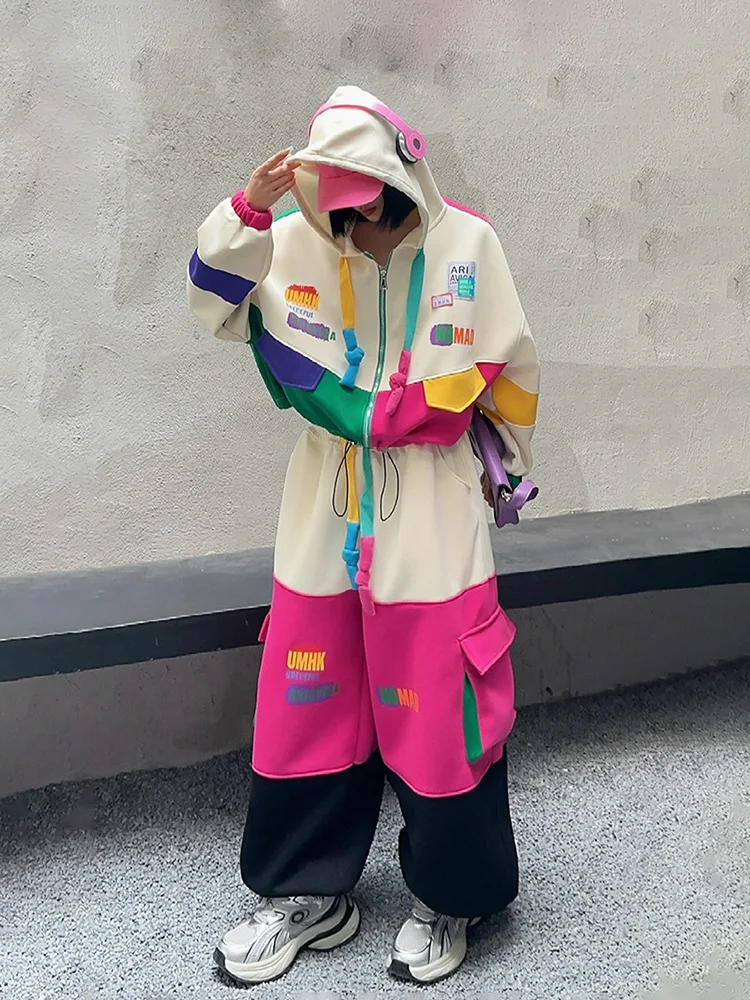 Multicolorido retalhos zíper hoodies 2 peça conjunto mulher roupas conjuntos de calças de grandes dimensões moda coreana jaqueta curta conjuntos de correspondência