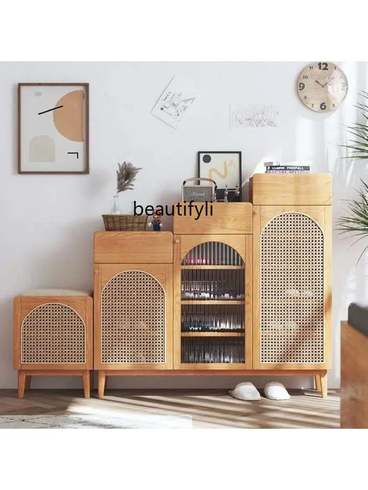 Solid Wood Nordic Modern Hallway Storage Hallway Shoe Cabinet Creative Woven Rattan Shoe Changing Stool Home Storage Cabinet