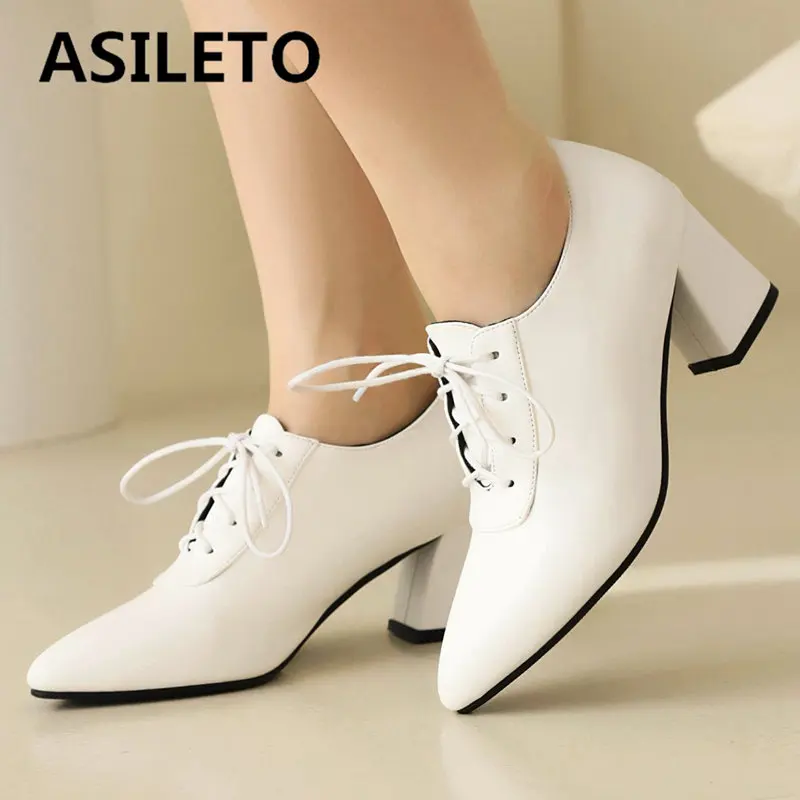 ASILETO Brand Women Pumps Pointed Toe Chunky Heels 6cm Lace Up Big Size 41 42 43 Office Lady Casual Daily Female Fashionn Shoes