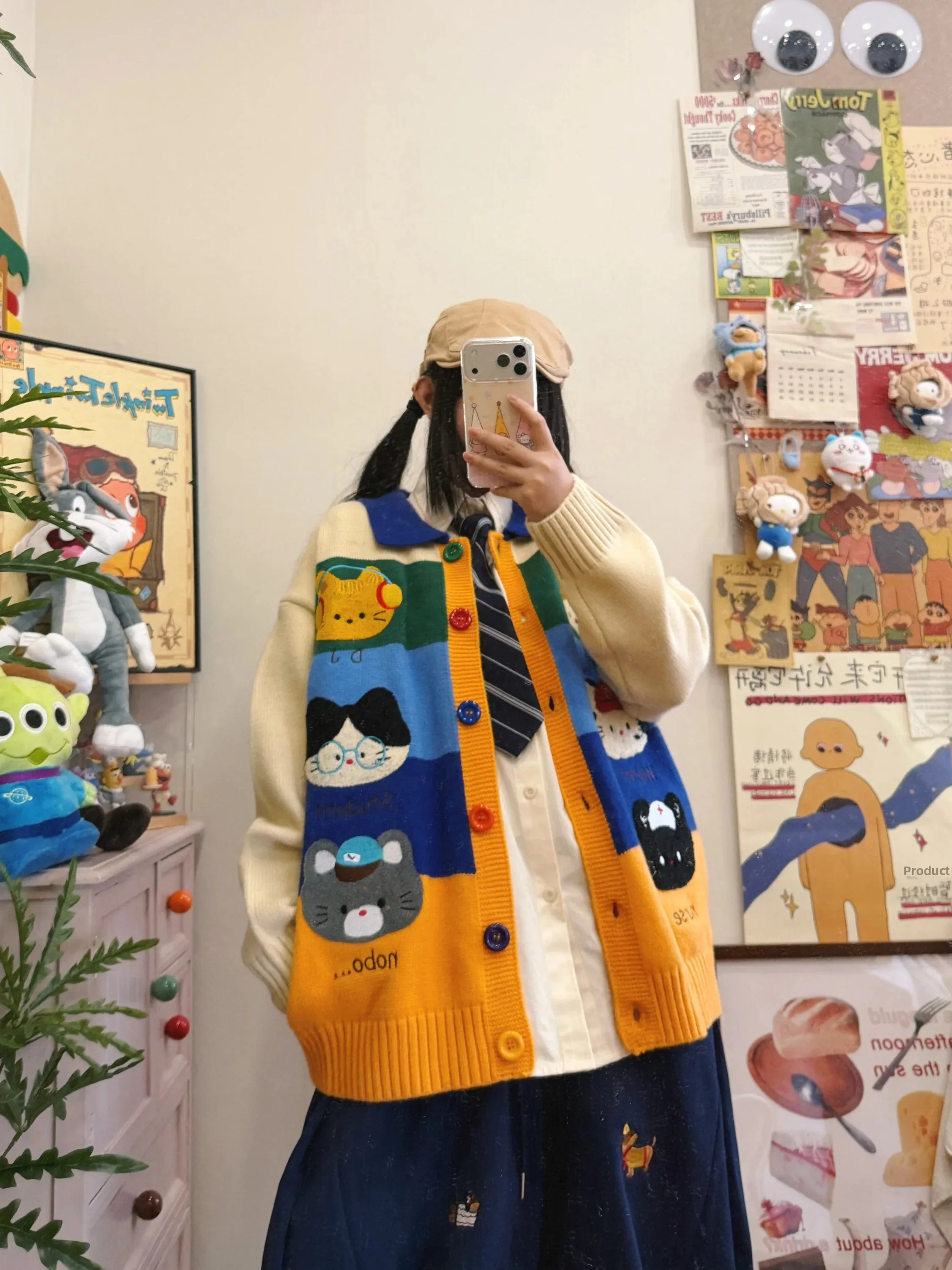 BIBULU Retro Cartoon Embroidery Knitted Open Cardigan Women's Loose Lazy Style Sweater Jacket Top Trendy Autumn Winter