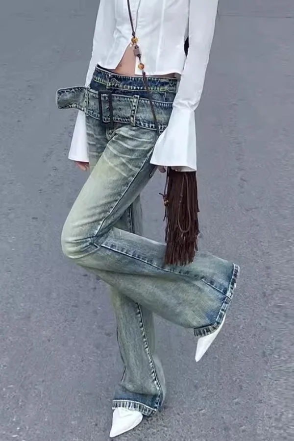 American Retro High Street Micro-Flare Jeans Women Autumn Winter New Style Maillard Wear High Waist Slim Pants