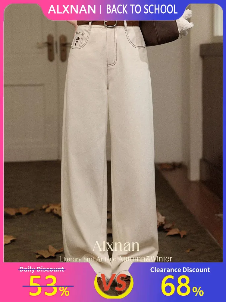 

ALXNAN Women's Wide-leg Jeans Autumn Casual Straight Baggy Pants Cotton Elegant High-waist Loose-fit Office Lady Trousers L56709