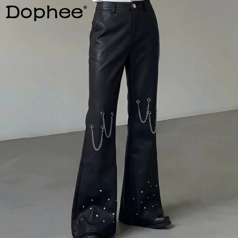 Fashion Micro-flared Trousers Men's 2026 Spring New Handsome Rivet Chain Design Pants Light Luxury Glossy High Street Trousers