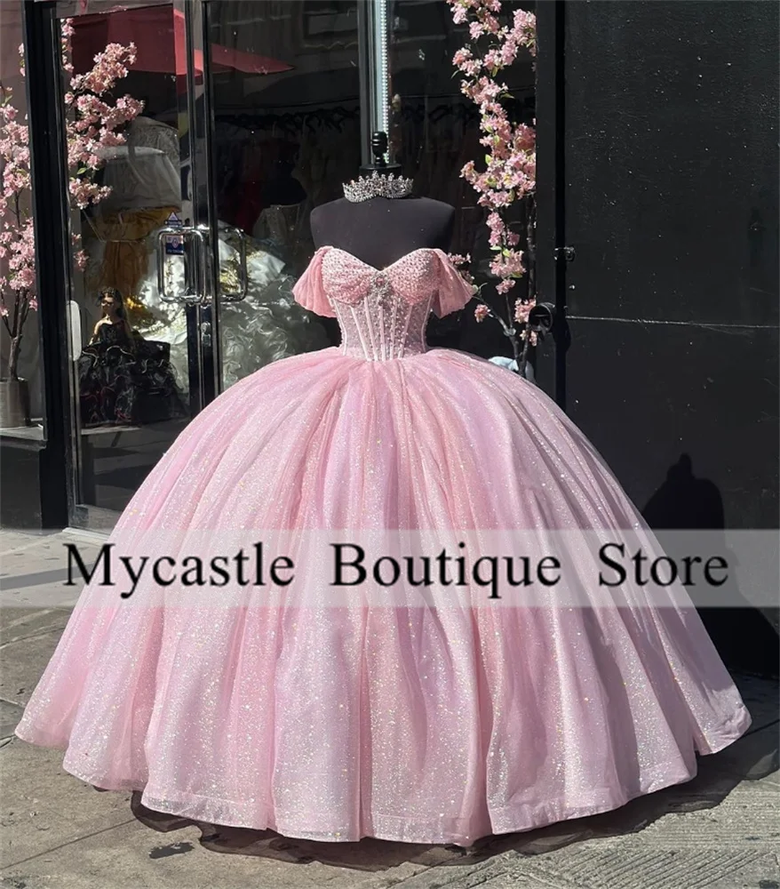 

New Pink Lace Princess Quinceanera Dresses 2024 Off Shoulder Beaded Ball Gown Sweet 16 Dresses Birthday Party Dress Lace up