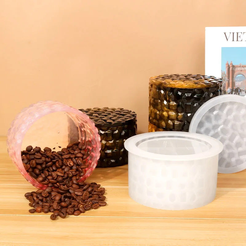 Resin silicone mold, a lid-equipped rhombic concave cylindrical container for storage. Desktop storage box mold.