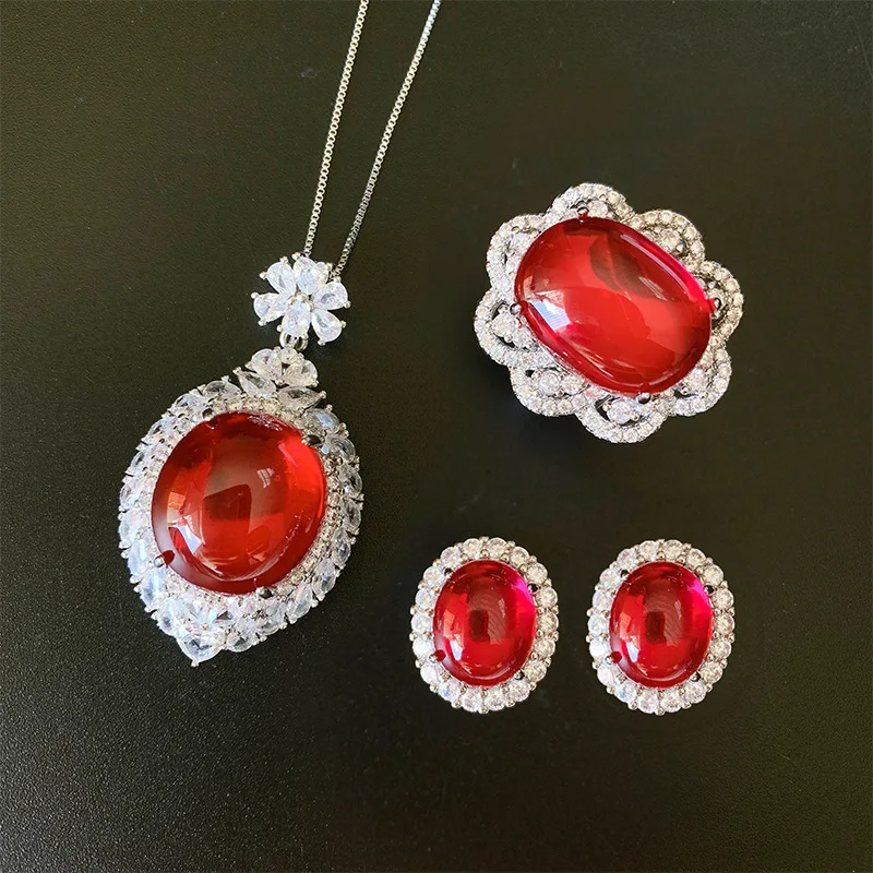 

Jewelry European and American style pigeon blood red gemstone pendant 18*20 ring 13*18 earrings 10*12 women's set