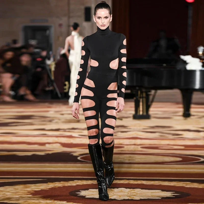 

2025 New Hollow Out Asymmetric Hot Girl Personality Set High Neck Sexy Long-Sleeved Jumpsuit Top + Hollow Out Pants