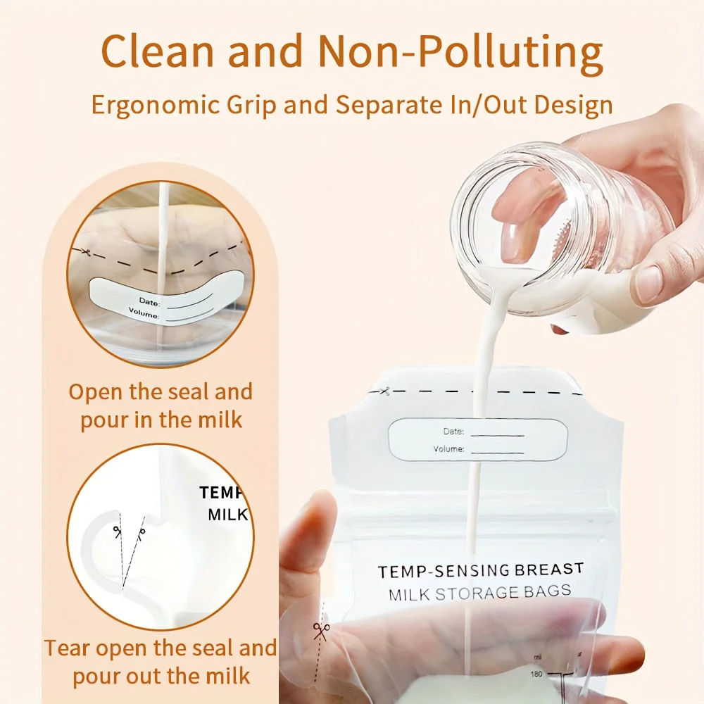 30 sacos de armazenamento de leite materno dos pces, saco de armazenamento de leite materno de 6oz com bico de derramamento, saco de leite de mudança de cor de detecção de temperatura