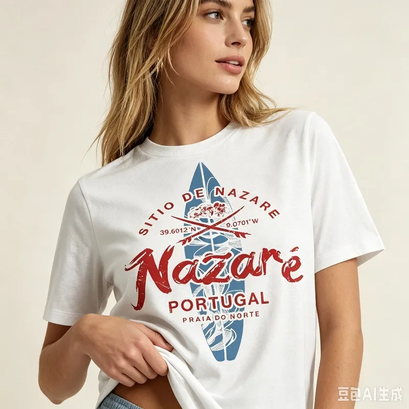 Nazare Portugal Surf Print Women T‑Shirt Travel Souvenir Letter Modal Soft Tee for Beach Holiday Summer Daily Outdoor Wear