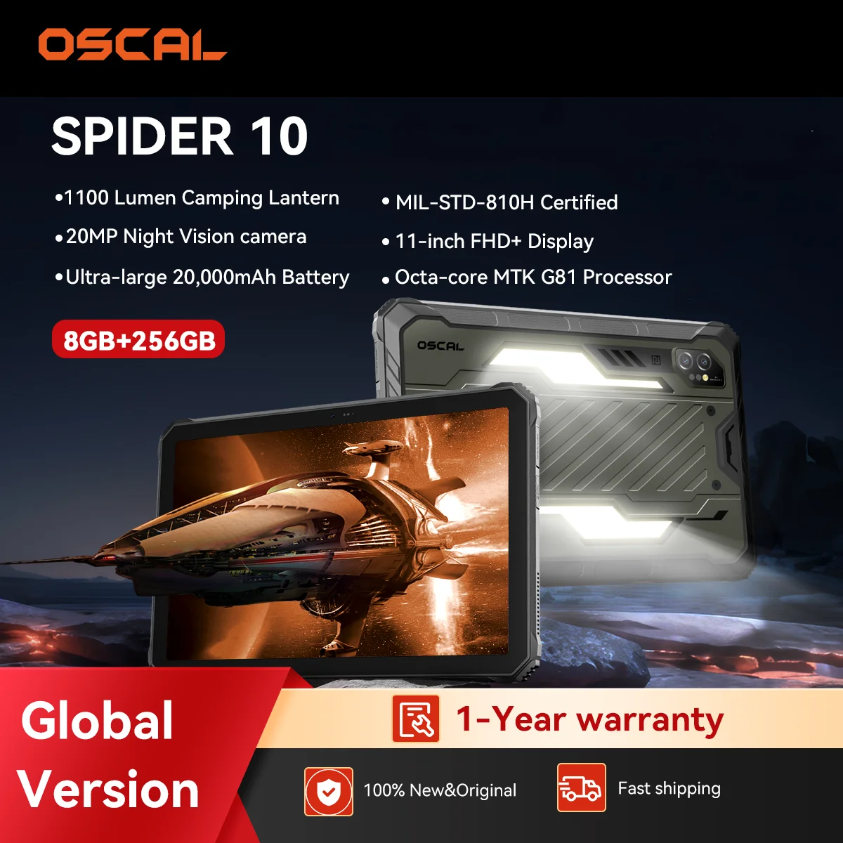 تابلت Blackview OSCAL SPIDER 10 متين، 20000 مللي أمبير، تابلت Android 15، شاشة FHD+IPS مقاس 11 بوصة، ضوء تخييم 1100 مل، IP69K/NFC/WiFi