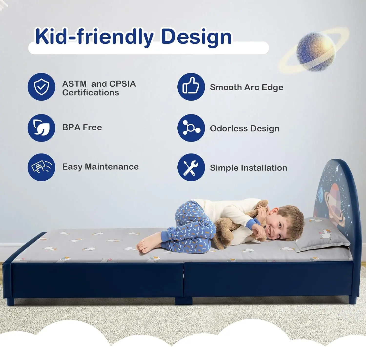 Twin Bed Frames for Kids Wood Upholstered Twin Bed Platform with Slat Support Padded Headboard&Footboard No Box Spring