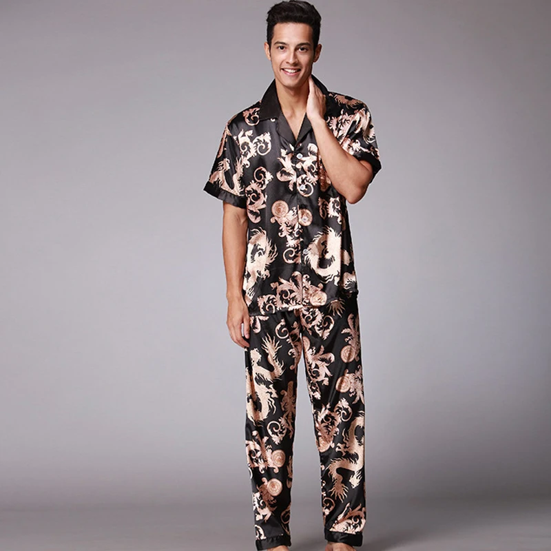 

Print Sleepwear Male Satin Pajamas Suit Ice Silk Short Sleeve Shirt & Pants 2 Piece Set Nightwear Men Homewear Loungewear MY1168
